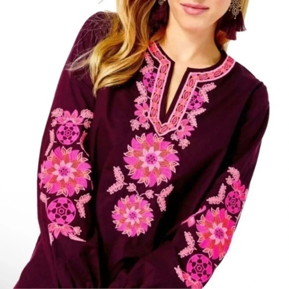 Lilly Pulitzer Tops - Lilly Pulitzer Coretta Tunic Top Women Medium Maroon Wine Pink Embroidered M